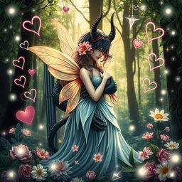 A captivating book cover featuring a fairy and a demon intertwined in a romantic embrace, set against the backdrop of an enchanting forest