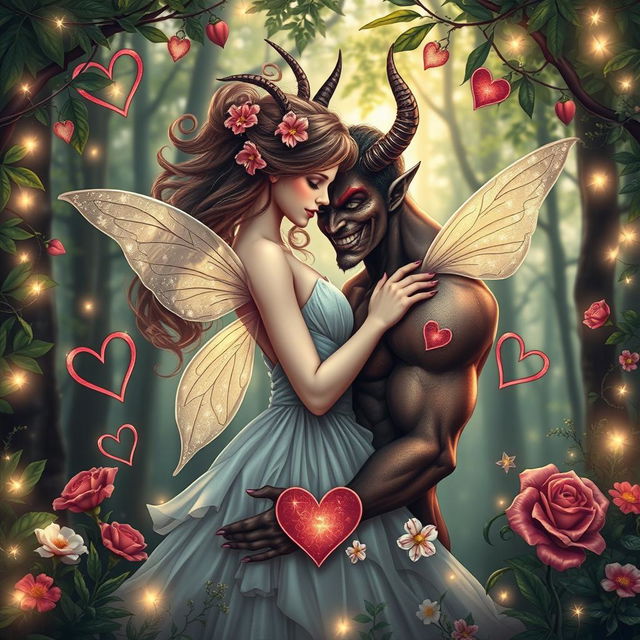 A captivating book cover featuring a fairy and a demon intertwined in a romantic embrace, set against the backdrop of an enchanting forest