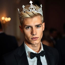 A stylish gay young man with a white crown, striking blonde hair, and captivating black eyes
