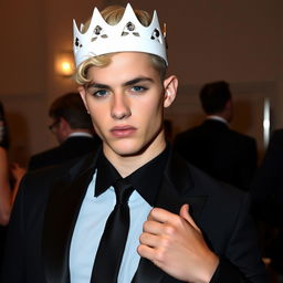 A stylish gay young man with a white crown, striking blonde hair, and captivating black eyes