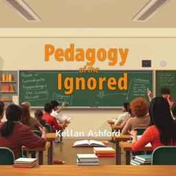 A flat book cover design that features a realistic classroom setting while completely filling the entire square without any empty areas