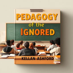 A flat book cover design that features a realistic classroom setting while completely filling the entire square without any empty areas