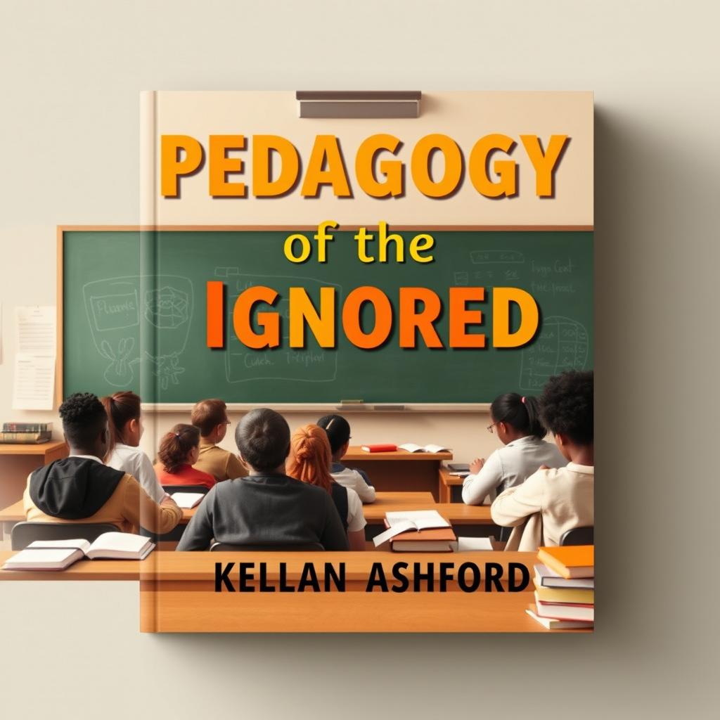 A flat book cover design that features a realistic classroom setting while completely filling the entire square without any empty areas