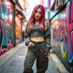 A stylish Korean girl inspired by K-pop culture, featuring vibrant hair color, trendy oversized fashion, and bold makeup, posing confidently in an urban setting