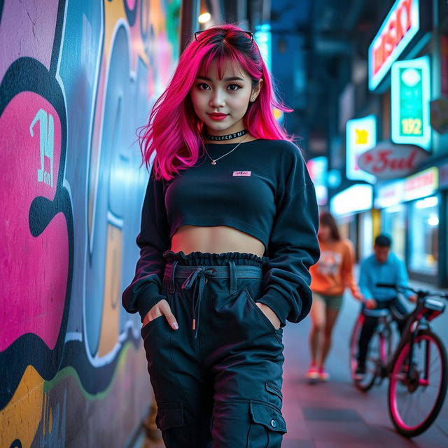 A stylish Korean girl inspired by K-pop culture, featuring vibrant hair color, trendy oversized fashion, and bold makeup, posing confidently in an urban setting