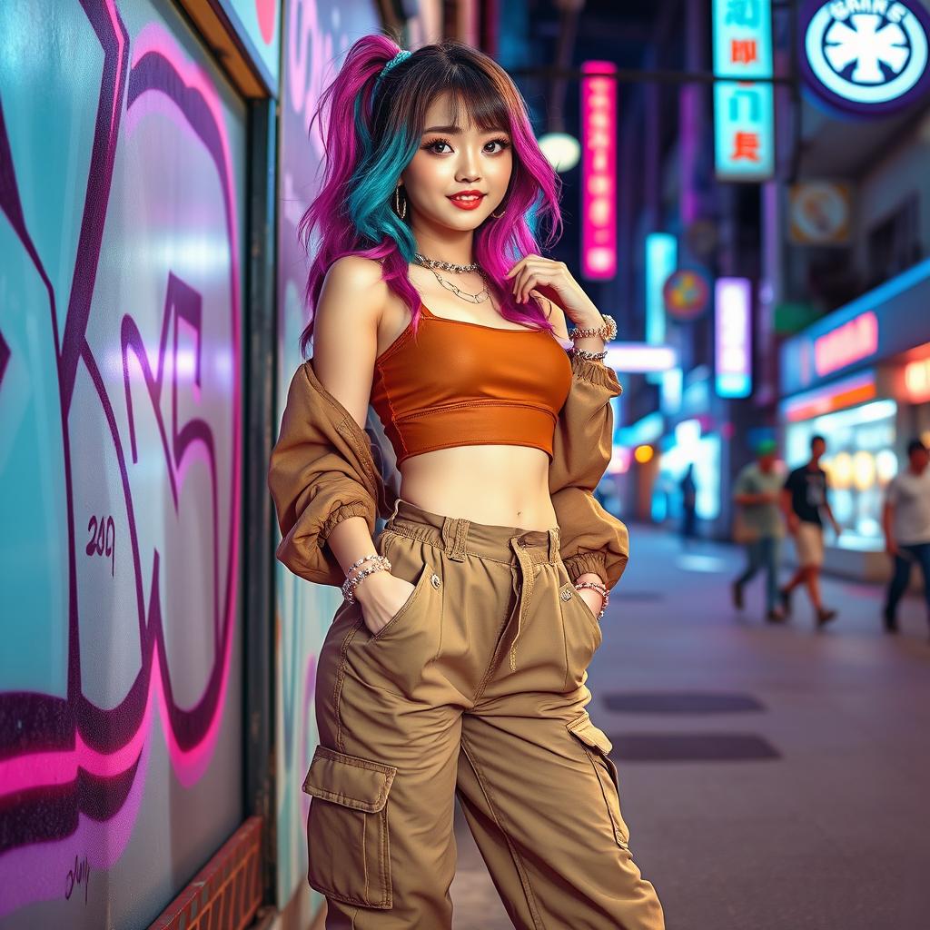 A stylish Korean girl inspired by K-pop culture, featuring vibrant hair color, trendy oversized fashion, and bold makeup, posing confidently in an urban setting