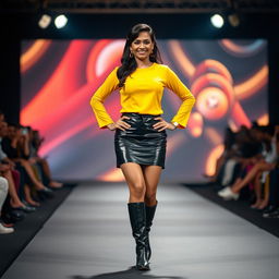A realistic photo capturing an Indian aunty confidently strutting down a fashion show ramp, adorned in a striking black vinyl mini skirt and a vibrant yellow full-sleeve top