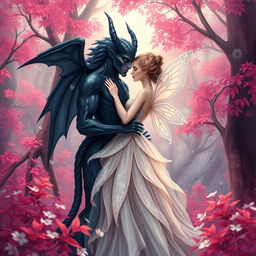 A whimsical and enchanting book cover depicting an ethereal fairy and a shadowy dark creature embracing tenderly amidst an enchanted forest