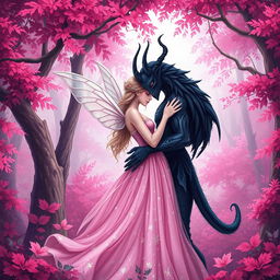 A whimsical and enchanting book cover depicting an ethereal fairy and a shadowy dark creature embracing tenderly amidst an enchanted forest