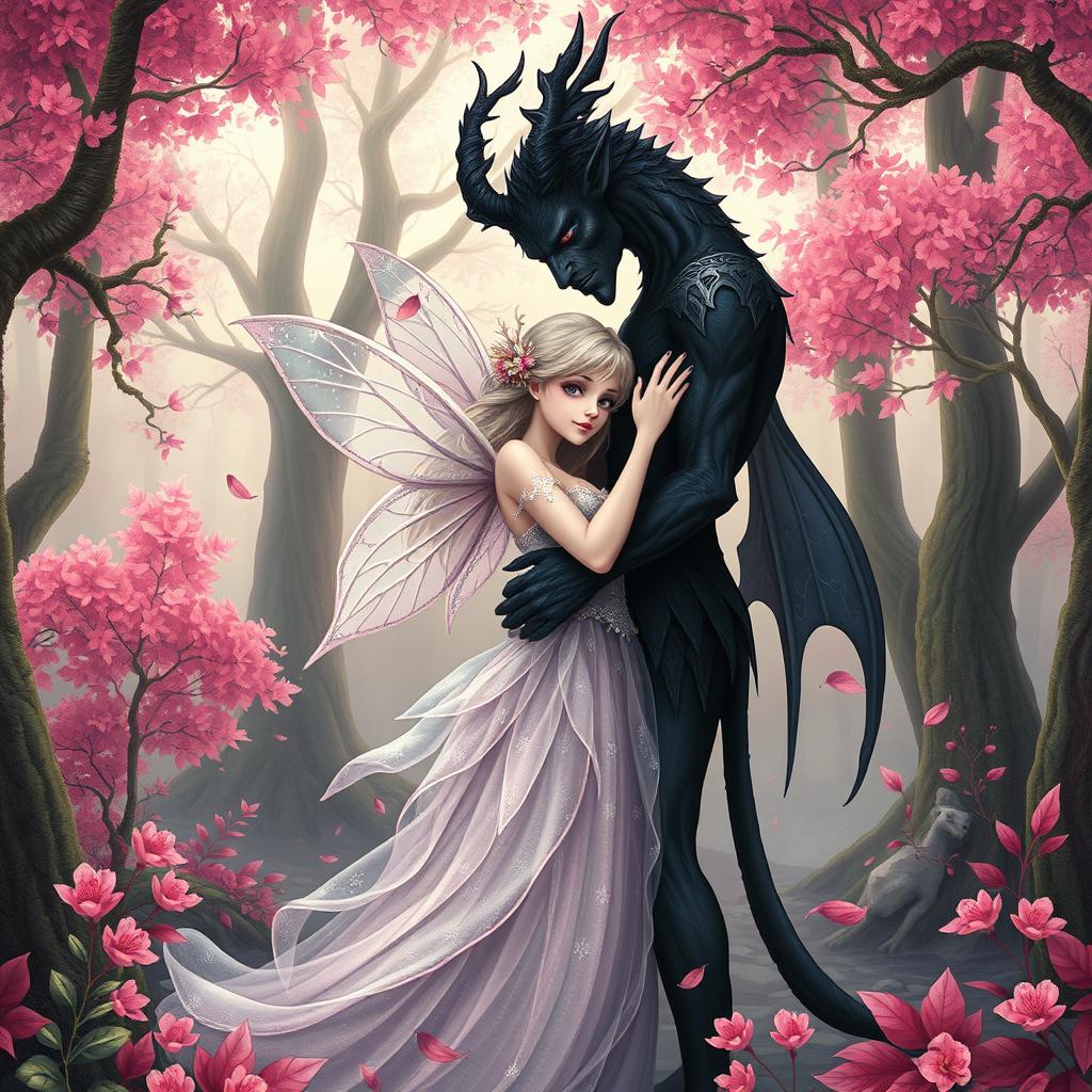 A whimsical and enchanting book cover depicting an ethereal fairy and a shadowy dark creature embracing tenderly amidst an enchanted forest