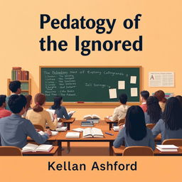 A realistic flat cover design depicting a classroom setting featuring a chalkboard, scattered books, and students engaged in discussions