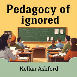A realistic flat cover design depicting a classroom setting featuring a chalkboard, scattered books, and students engaged in discussions