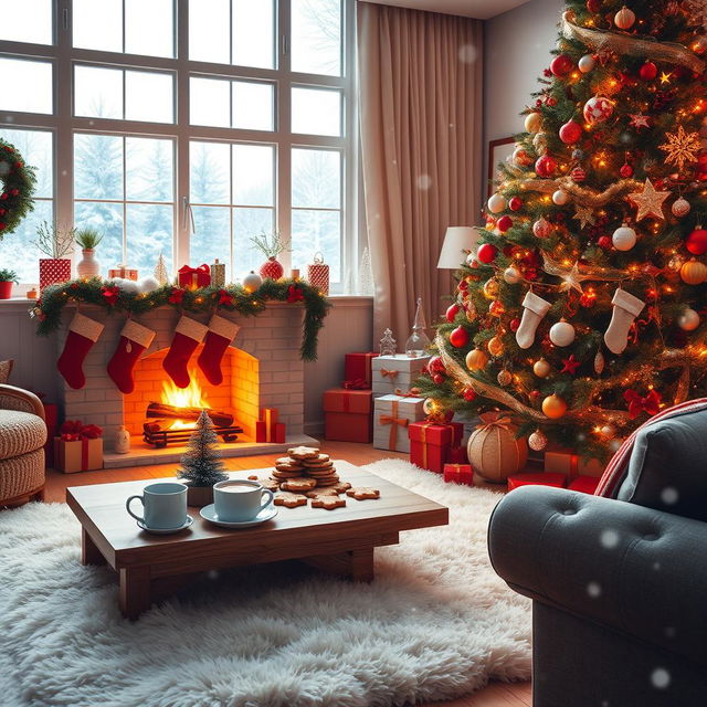 A cozy, beautifully decorated living room during Christmas, featuring a large, lush Christmas tree adorned with colorful ornaments and twinkling lights