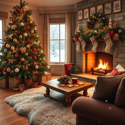 A cozy, beautifully decorated living room during Christmas, featuring a large, lush Christmas tree adorned with colorful ornaments and twinkling lights