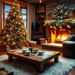 A cozy, beautifully decorated living room during Christmas, featuring a large, lush Christmas tree adorned with colorful ornaments and twinkling lights