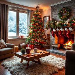 A cozy, beautifully decorated living room during Christmas, featuring a large, lush Christmas tree adorned with colorful ornaments and twinkling lights