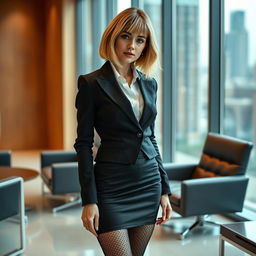 A fashionable young woman, aged 24-30, with a stylish blonde bob cut, wearing a tight-fitting, sexy office outfit