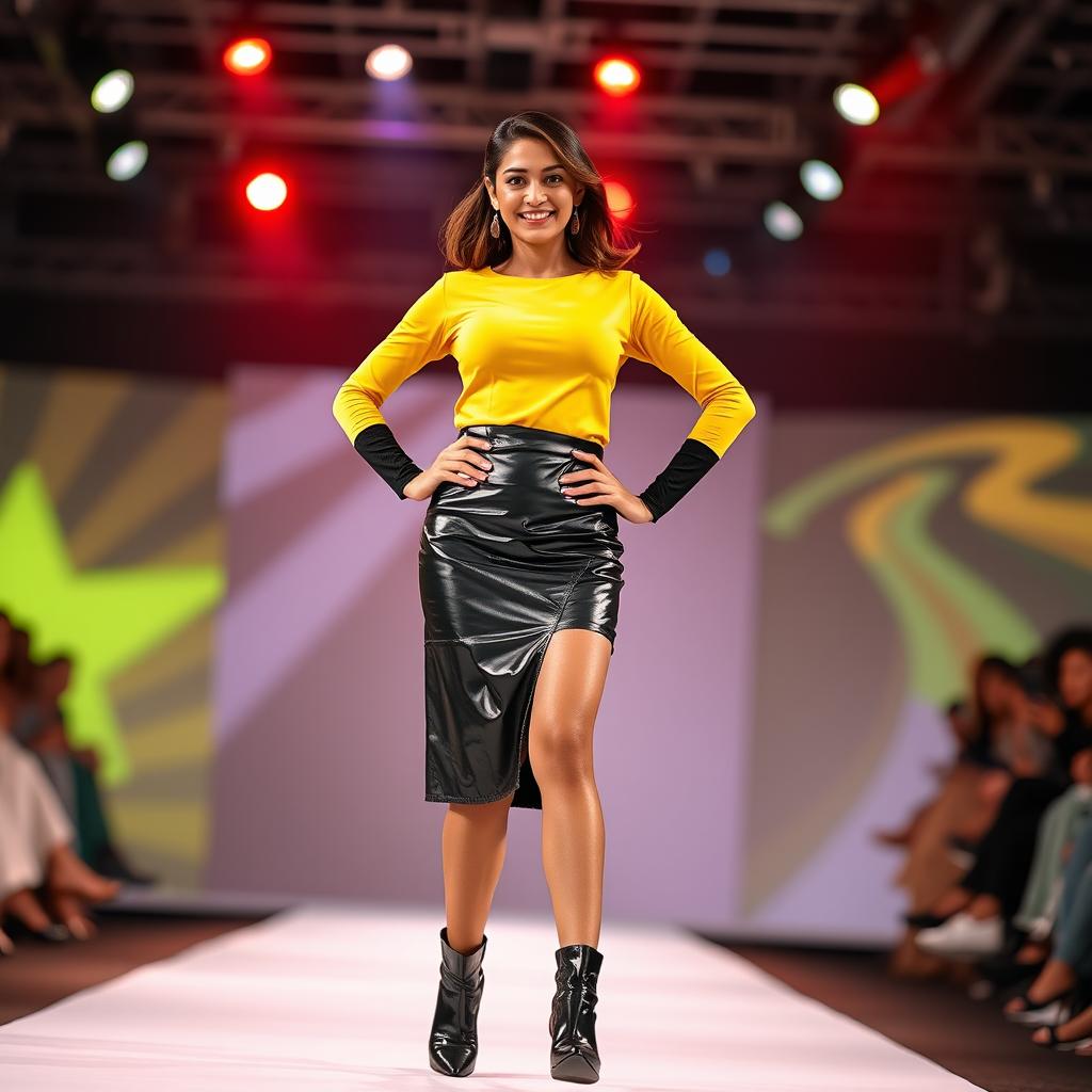 A realistic photo of an Indian aunty confidently walking down a fashion show ramp, showcasing a striking black vinyl mini skirt paired with a vibrant yellow full-sleeve top