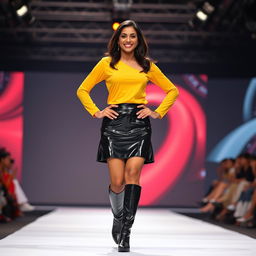 A realistic photo of an Indian aunty confidently walking down a fashion show ramp, showcasing a striking black vinyl mini skirt paired with a vibrant yellow full-sleeve top