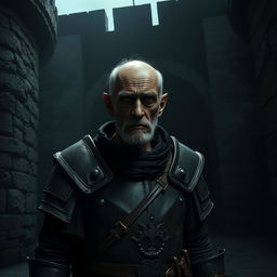 In a dark and foreboding fortress courtyard, an old guard named Gruen stands at the gate