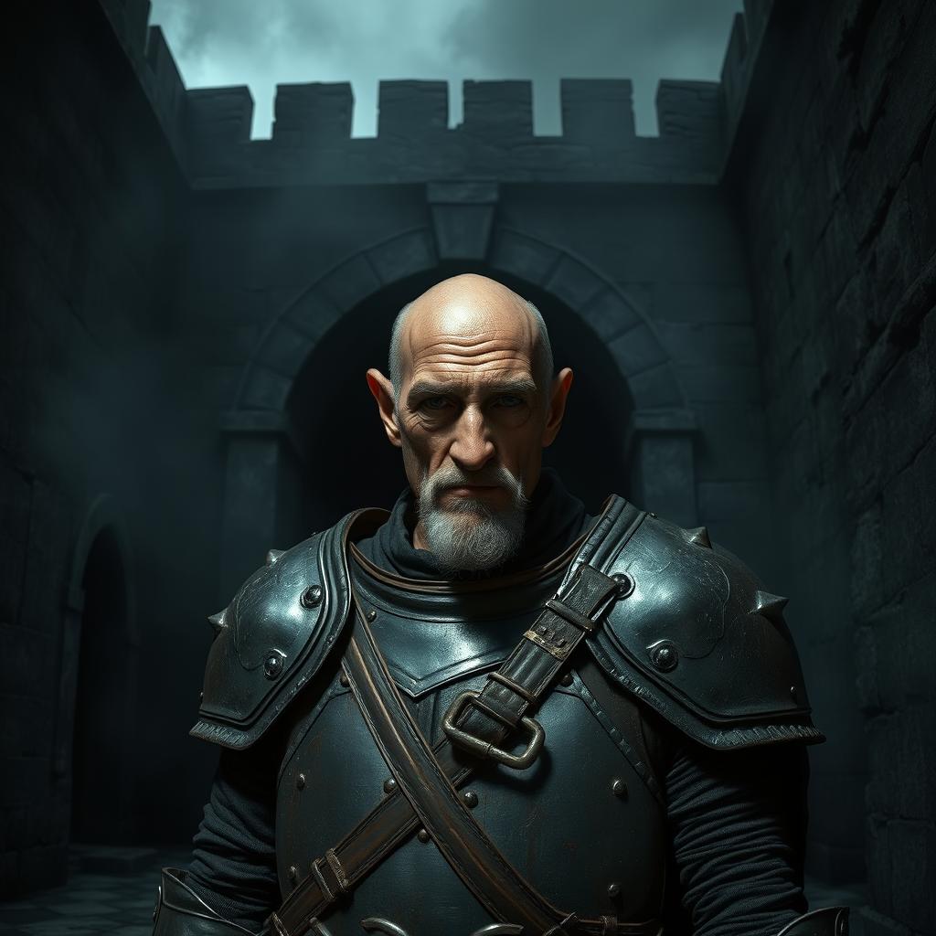 In a dark and foreboding fortress courtyard, an old guard named Gruen stands at the gate