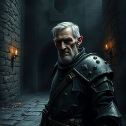 In a dark and foreboding fortress courtyard, an old guard named Gruen stands at the gate