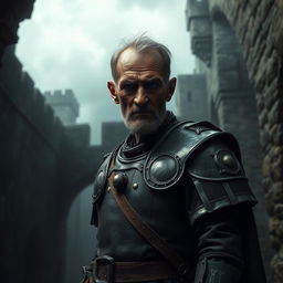 In a dark and foreboding fortress courtyard, an old guard named Gruen stands at the gate