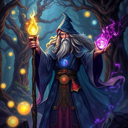 A powerful wizard casting a spell, standing in a mystical forest filled with ancient trees and glowing magical orbs