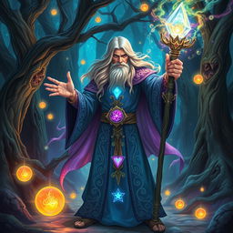 A powerful wizard casting a spell, standing in a mystical forest filled with ancient trees and glowing magical orbs
