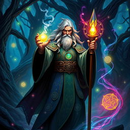 A powerful wizard casting a spell, standing in a mystical forest filled with ancient trees and glowing magical orbs