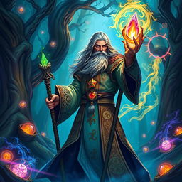 A powerful wizard casting a spell, standing in a mystical forest filled with ancient trees and glowing magical orbs