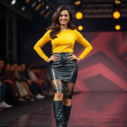 A realistic photo featuring an Indian aunty confidently strutting down a fashion show ramp