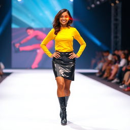 A realistic photo featuring an Indian aunty confidently strutting down a fashion show ramp