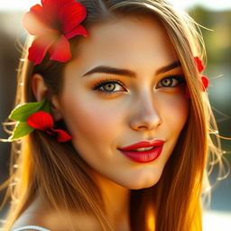 A close-up portrait of a beautiful young woman with a serene expression, featuring vibrant makeup, with a striking red flower elegantly placed on each ear