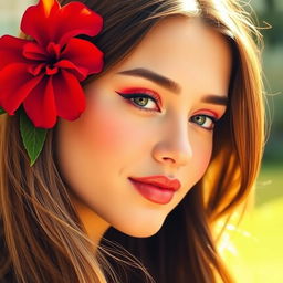A close-up portrait of a beautiful young woman with a serene expression, featuring vibrant makeup, with a striking red flower elegantly placed on each ear