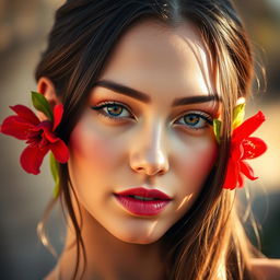 A close-up portrait of a beautiful young woman with a serene expression, featuring vibrant makeup, with a striking red flower elegantly placed on each ear