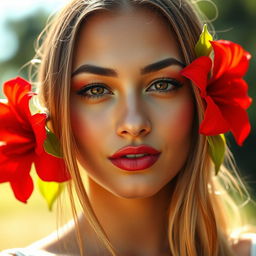A close-up portrait of a beautiful young woman with a serene expression, featuring vibrant makeup, with a striking red flower elegantly placed on each ear