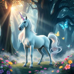 A mystical unicorn standing gracefully in a vibrant fantasy forest