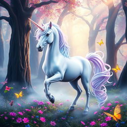 A mystical unicorn standing gracefully in a vibrant fantasy forest