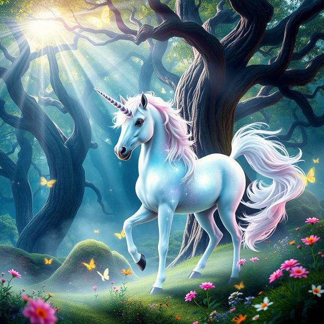 A mystical unicorn standing gracefully in a vibrant fantasy forest