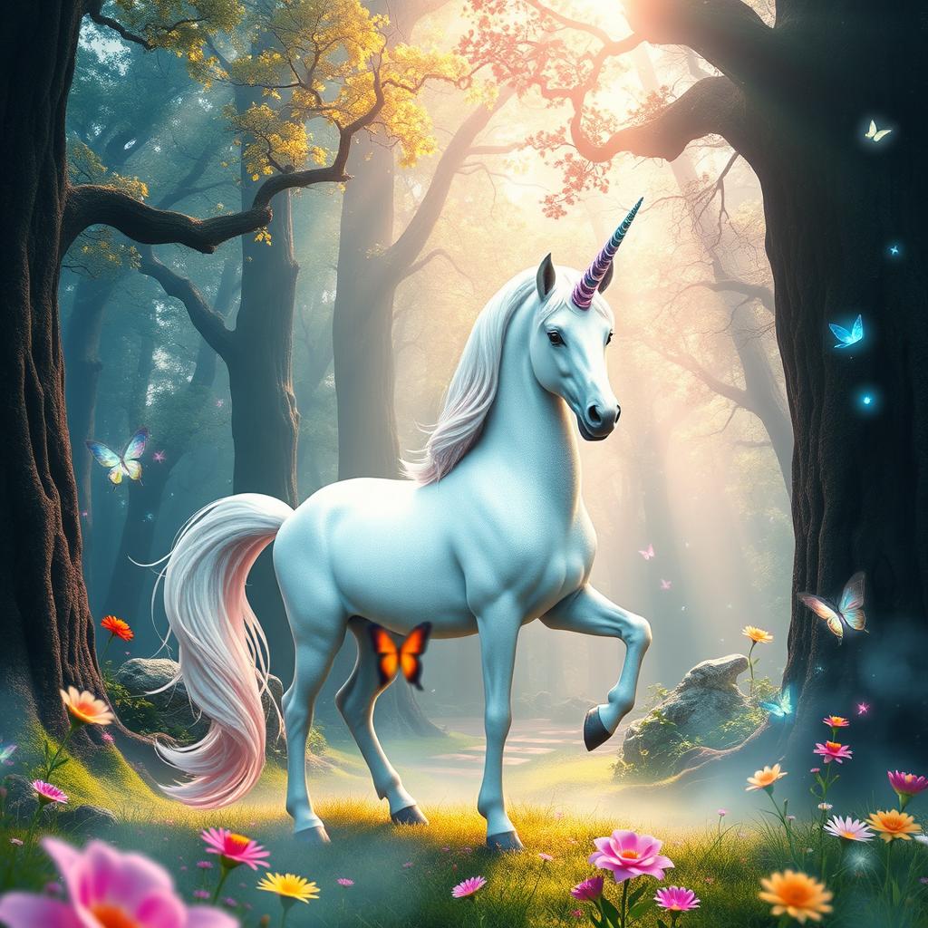 A mystical unicorn standing gracefully in a vibrant fantasy forest