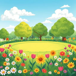 A whimsical park illustration filled with vibrant, colorful flowers and lush green grass
