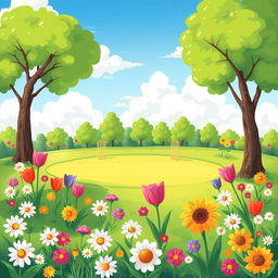 A whimsical park illustration filled with vibrant, colorful flowers and lush green grass