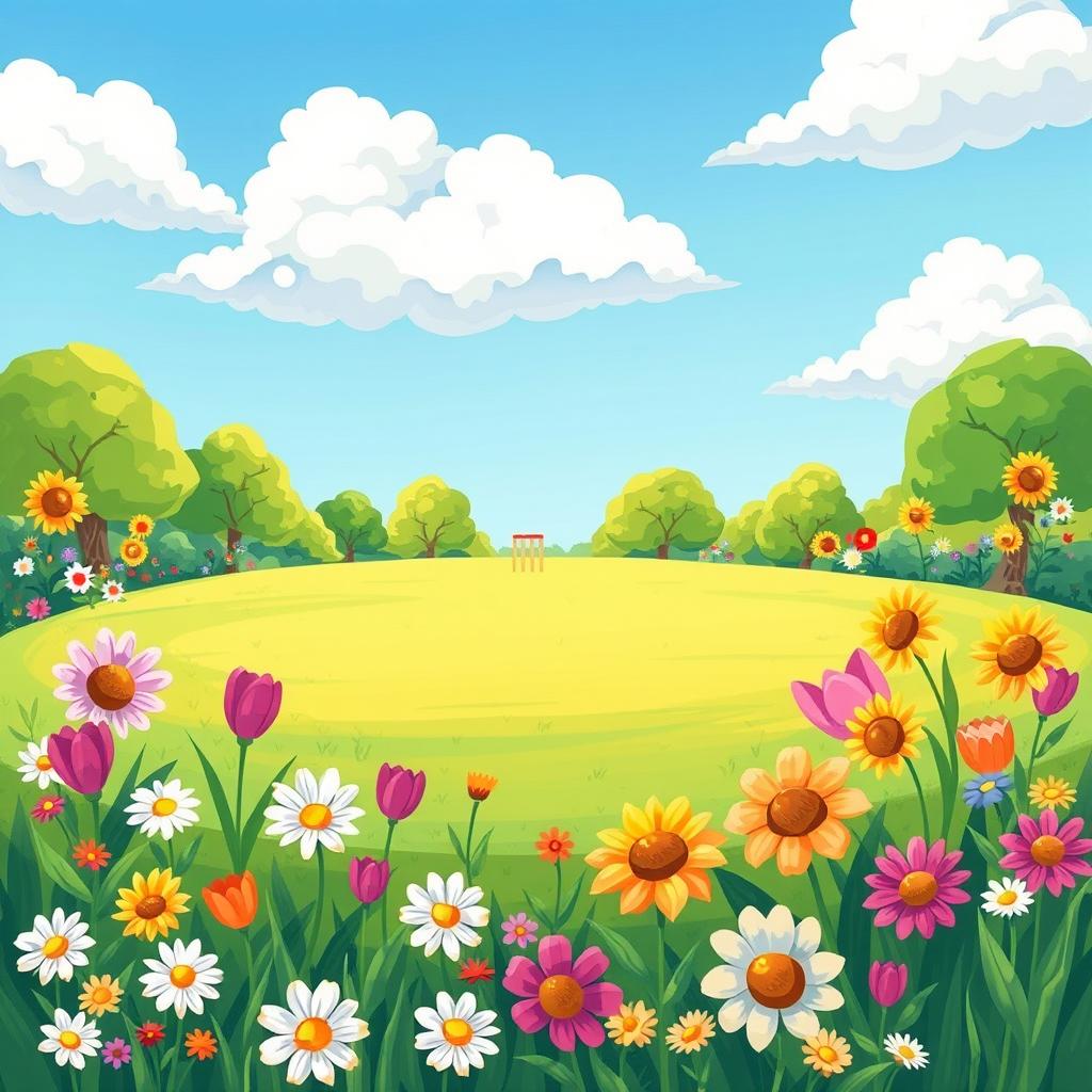 A whimsical park illustration filled with vibrant, colorful flowers and lush green grass