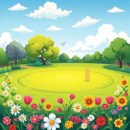 A whimsical park illustration filled with vibrant, colorful flowers and lush green grass