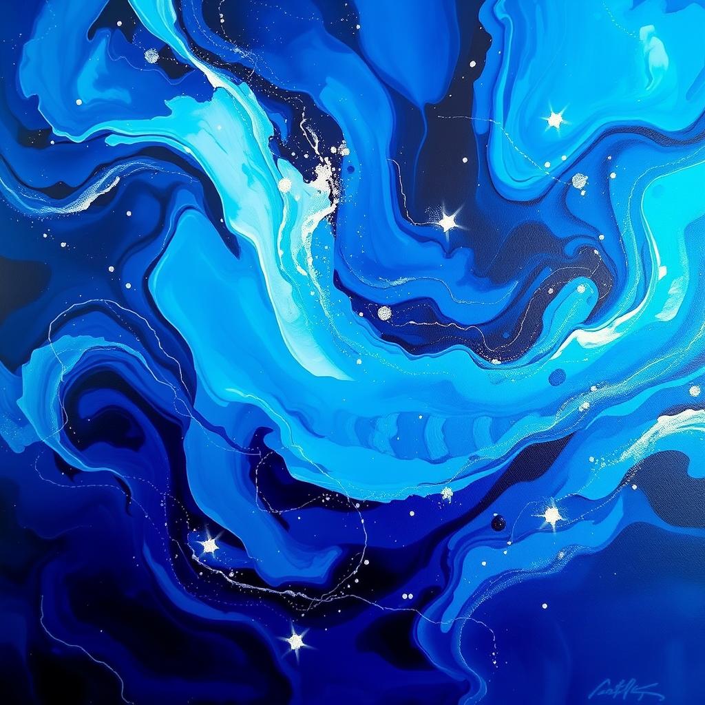 A stunning abstract painting in vibrant shades of blue, featuring swirling patterns and textures that convey movement and depth