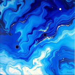 A stunning abstract painting in vibrant shades of blue, featuring swirling patterns and textures that convey movement and depth