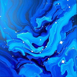 A stunning abstract painting in vibrant shades of blue, featuring swirling patterns and textures that convey movement and depth