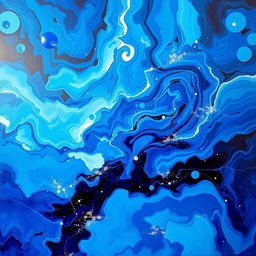 A stunning abstract painting in vibrant shades of blue, featuring swirling patterns and textures that convey movement and depth
