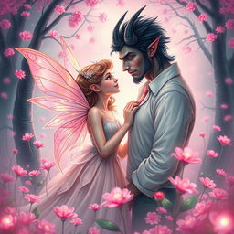 A captivating book cover featuring the romantic connection between a delicate fairy and a handsome demon